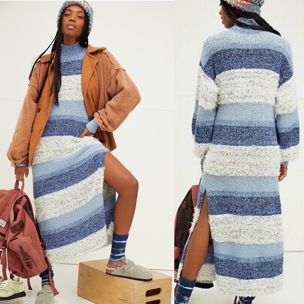 Free People Making Waves Midi Sweater Dress Blue Small